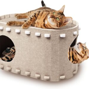 Cat House for Indoor Cats, Cat Bed Cave for Multiple & Large Cats Up to 22 Lbs, Scratch Resistant Peekaboo Cat Caves, Foldable Cat Tunnel Enclosed Bed, PeekaPurr, Cream