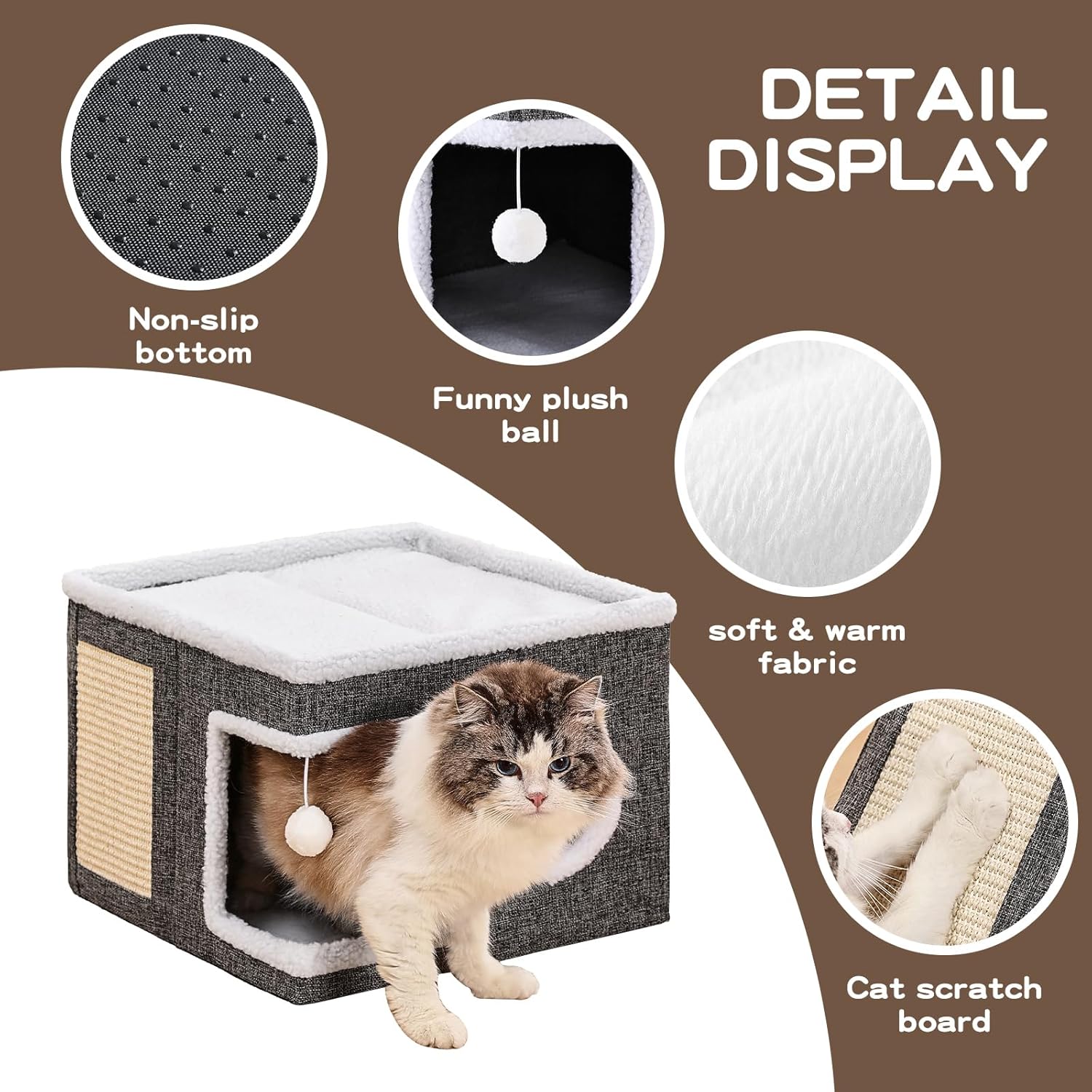 Cat Beds for Indoor Cats, Large Cat Cave with Fluffy Ball and Scratch Pad, Foldable Cat Scratch House with Hideaway Condo for Kitten,16x16x13inch,Grey - Image 7