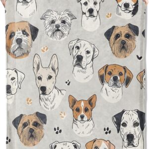 Cartoon Dog Grey Throw Blanket 50x60in, Soft Lightweight Flannel, Playful Dog Face Paw Print Expression Blankets - Gifts for Adult, for Couch Office Travel Home Living Room Party Decor