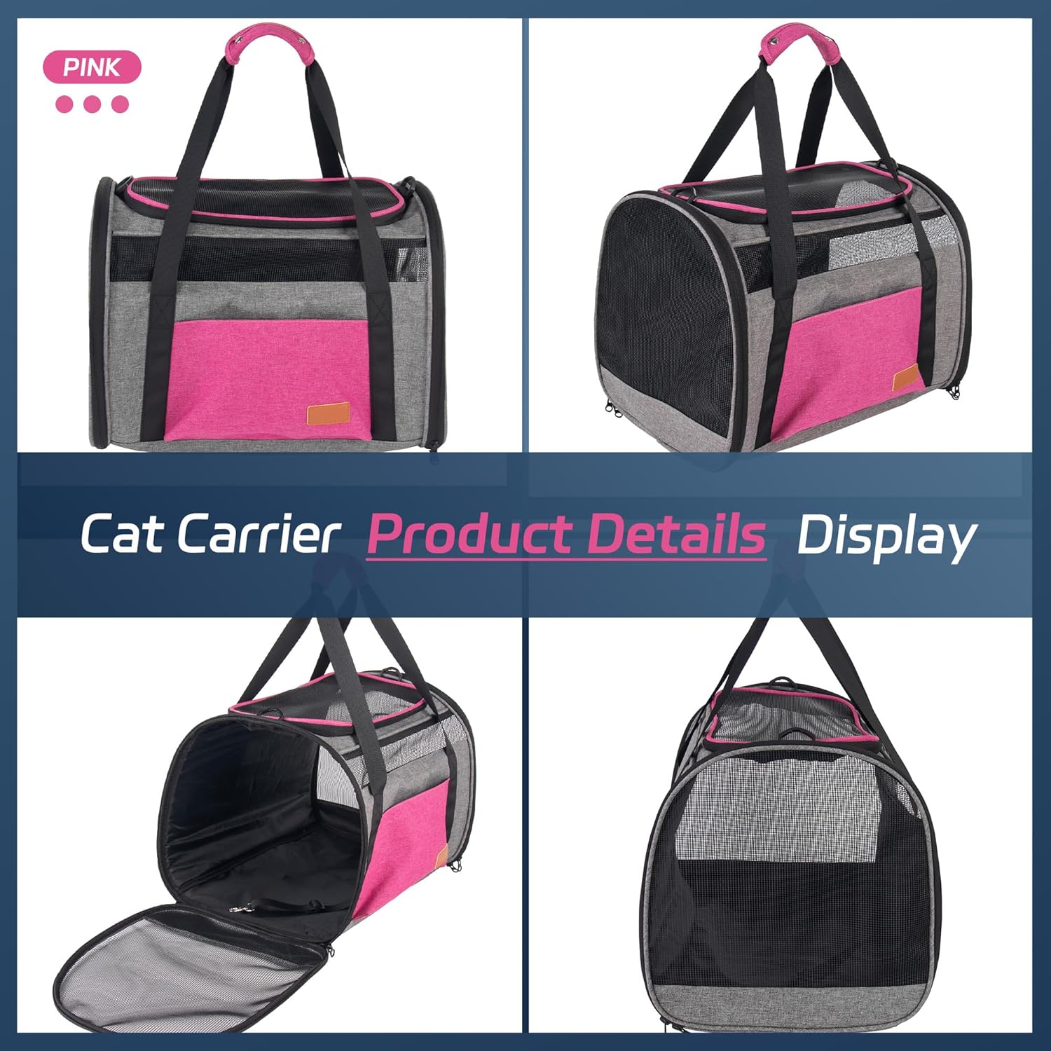 Large Cat Carrier for 20 lbs Pets - Soft Sided Breathable Mesh Travel Carrier, Airline Approved, Washable for Small Dogs Puppies, Foldable, Pink - Image 6