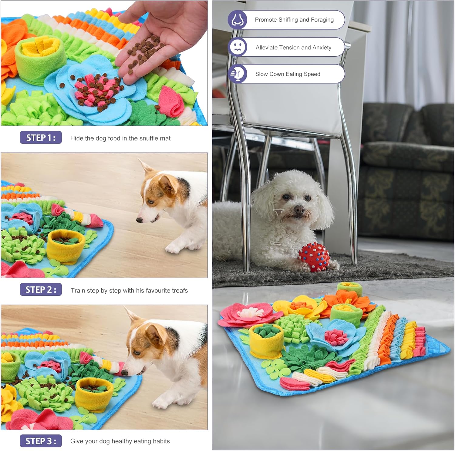 JXTZ Snuffle Mat for Dogs, Interactive Snuffle Mat, 15.4 x15.4 inches for Small & Medium Pets, Pet Treats Feeding Mat for Boredom Relief, Slow Feeder, Felt Wool Feeding Mat, Puzzle Toy for Dogs, Cats - Image 5