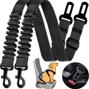 Dog Seat Belt Retractable Dog Car Harness 2 Pack Adjustable Elastic Bungee Buffer Heavy Duty & Durable & 360 Degree Swivel.