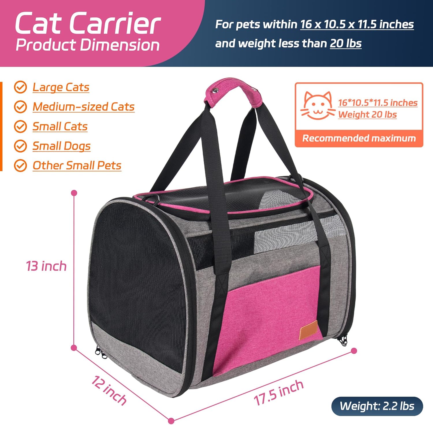 Large Cat Carrier for 20 lbs Pets - Soft Sided Breathable Mesh Travel Carrier, Airline Approved, Washable for Small Dogs Puppies, Foldable, Pink - Image 2