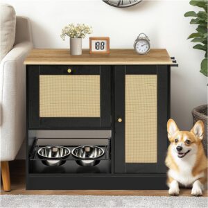 Pet Feeding Station with Storage – 2 Lockers, Elevated Bowls, An...