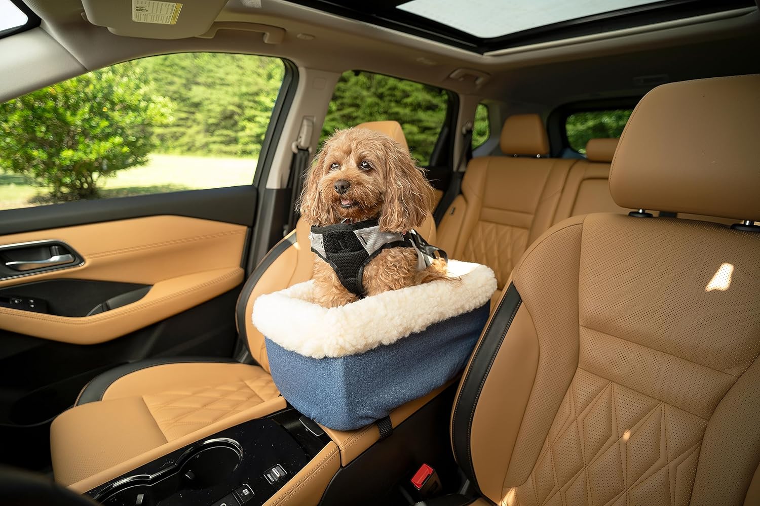Snoozer Small Console Dog Car Seat Travel Dog Bed Carrier for Dogs up to 7 lbs, Provides Safe & Calm Pet Travel with Dog Car Seat Belt Harness Strap, Removable Machine Washable Denim Diamond Cover - Image 7