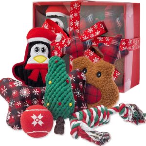 Christmas Dog Toys - Squeaky & Rope Chew Toys & Red Tennis Ball - 6 Pack Interactive Christmas Pet Toys for Small to Large Dogs