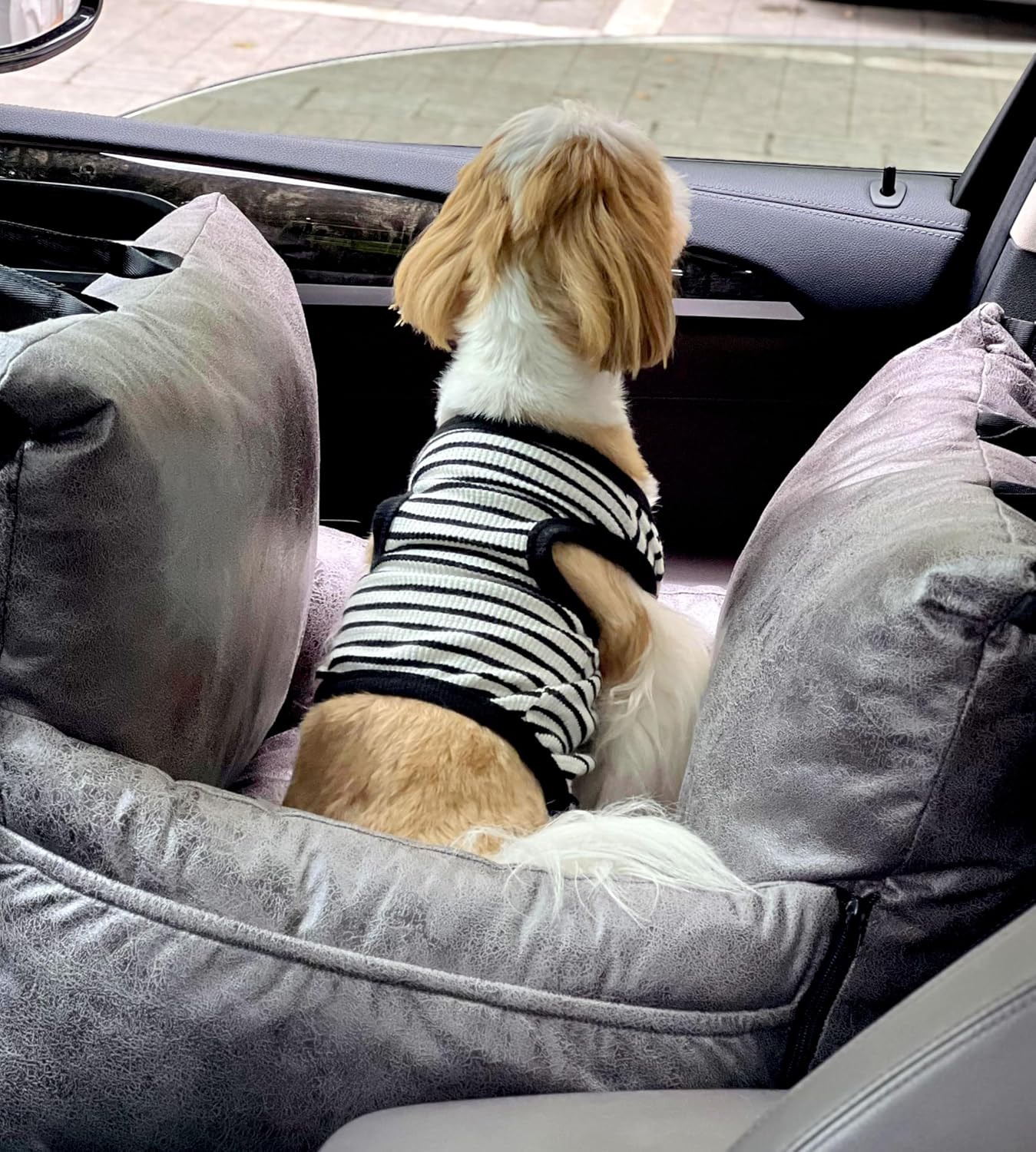 Alansma Portable Car Dog Crate Detachable Seat Belt Fastening Car Dog Kennel Seats Suitable for Small and Medium-Sized Dogs and Cats, Grey, Medium - Image 5