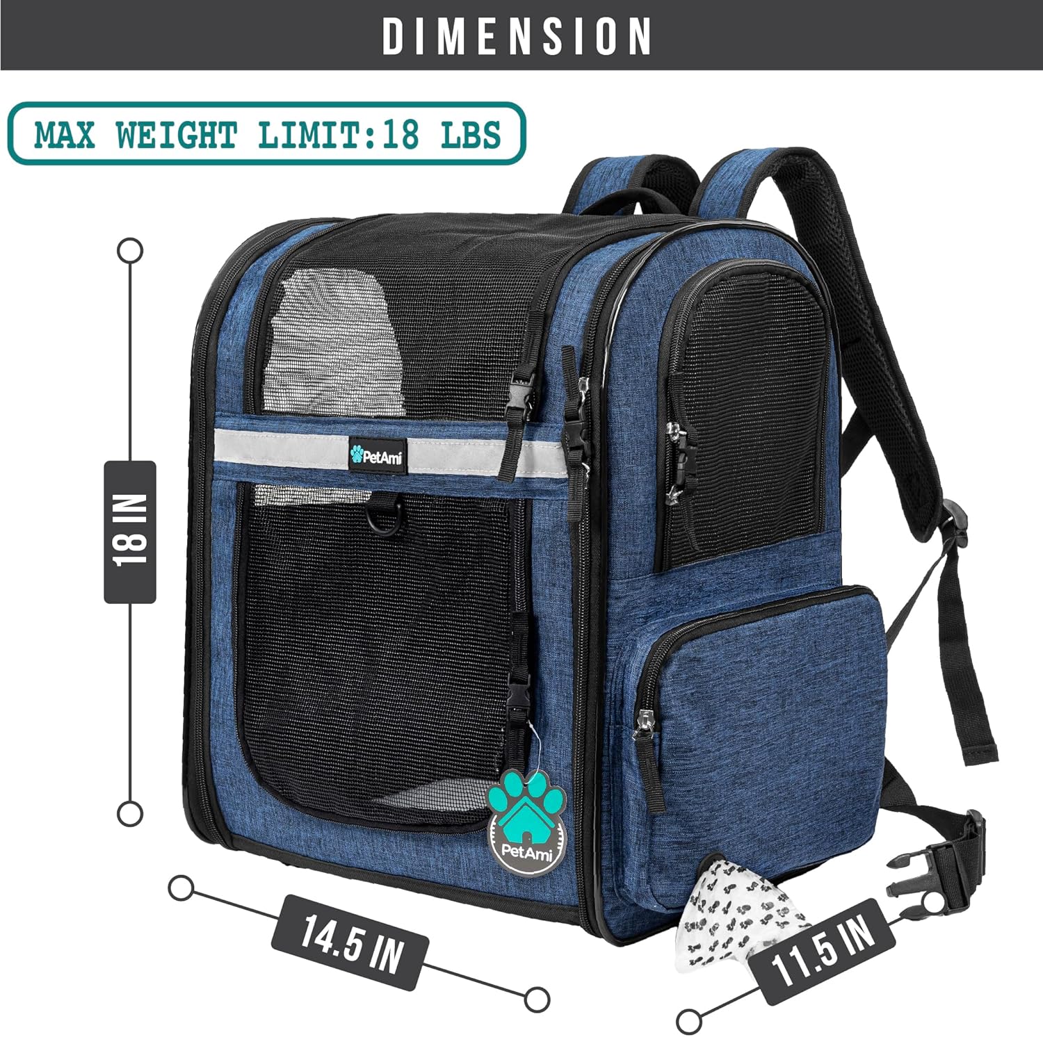 PetAmi Dog Backpack Carrier for Small Large Cat, Pet, Puppies, Ventilated Pet Hiking Backpack Travel Bag, Airline Approved Cat Backpack Carrier, Safety Back Support, Camping Biking, Max 18 lbs, Navy - Image 2