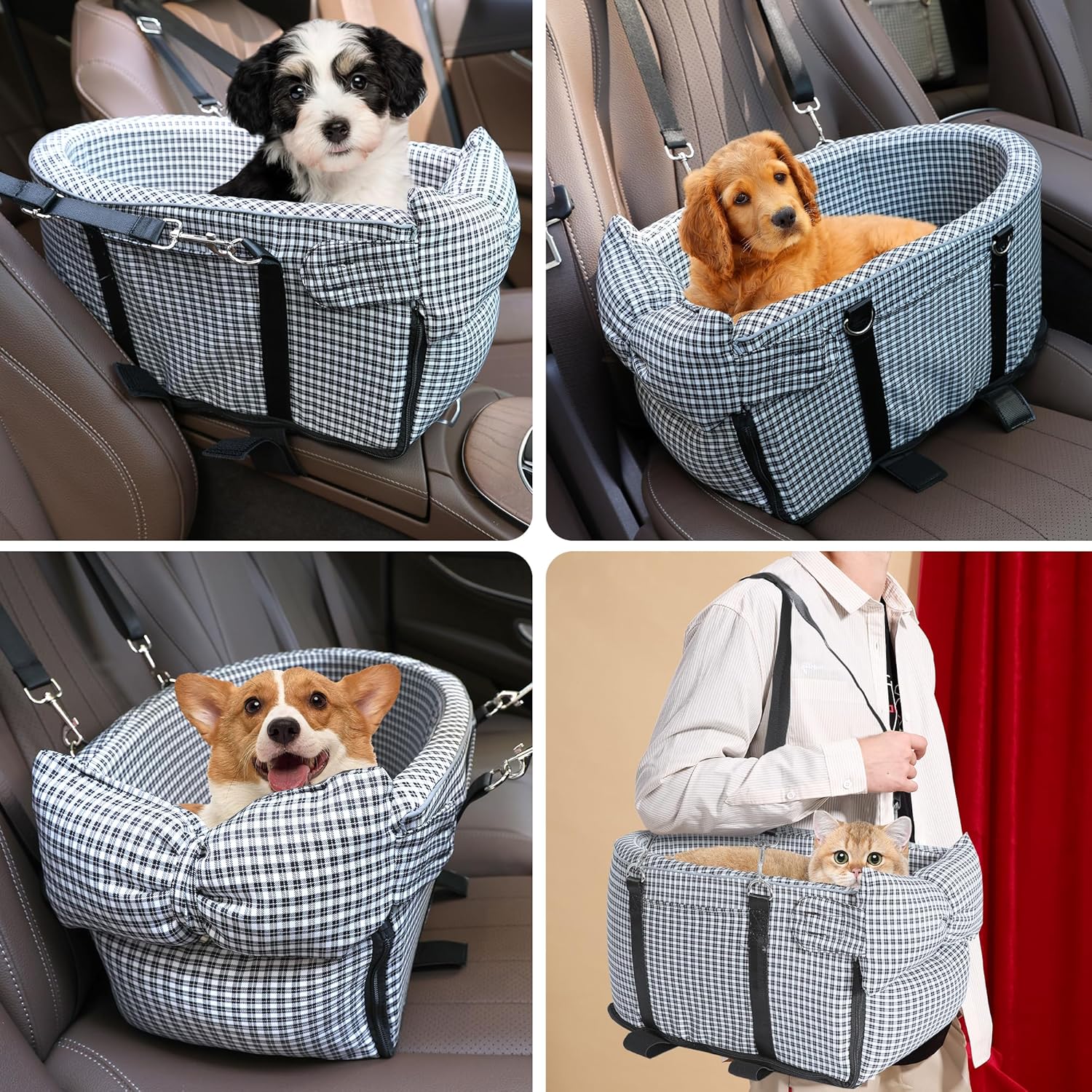 Center Console Dog Car Seat Dog Bed for Car Console Portable Armrest Booster Seat Carrier for Small Medium Dogs Anti-Collapse for Puppy Pet Up to 15 Lbs(Grid Black) - Image 6