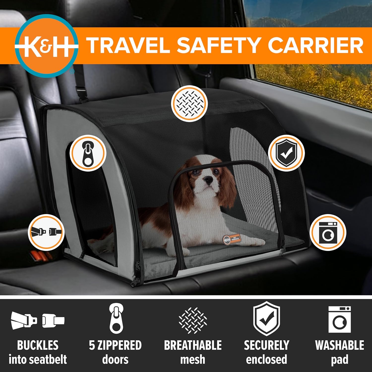 K&H Pet Products Enclosed Dog Car Seat, Travel Safety Carrier for Pets, Dog Travel Car Seat, Soft-Sided Covered Cat Carrier, Washable Pad, Multiple Entrances, Mesh Windows - Medium 24 X 19 X 17in - Image 5