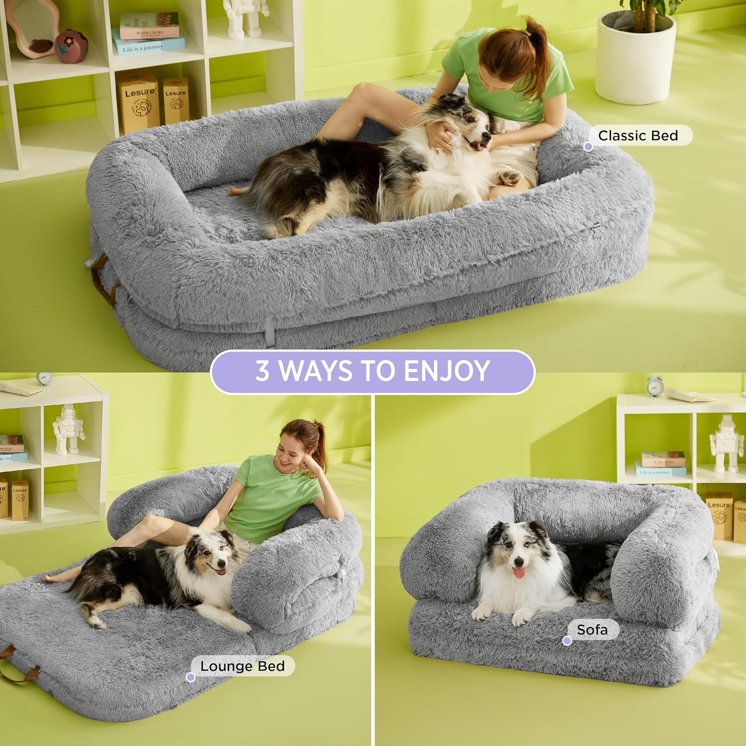LE SURE Foldable Human Dog Bed - 3 in 1 Flexible Giant Human Dog Bed for Adult People with Supportive Bolster Egg Foam, Waterproof Liner, Calming Fluffy Faux Fur Orthopedic Big Bean Bed, Light Grey - Image 2