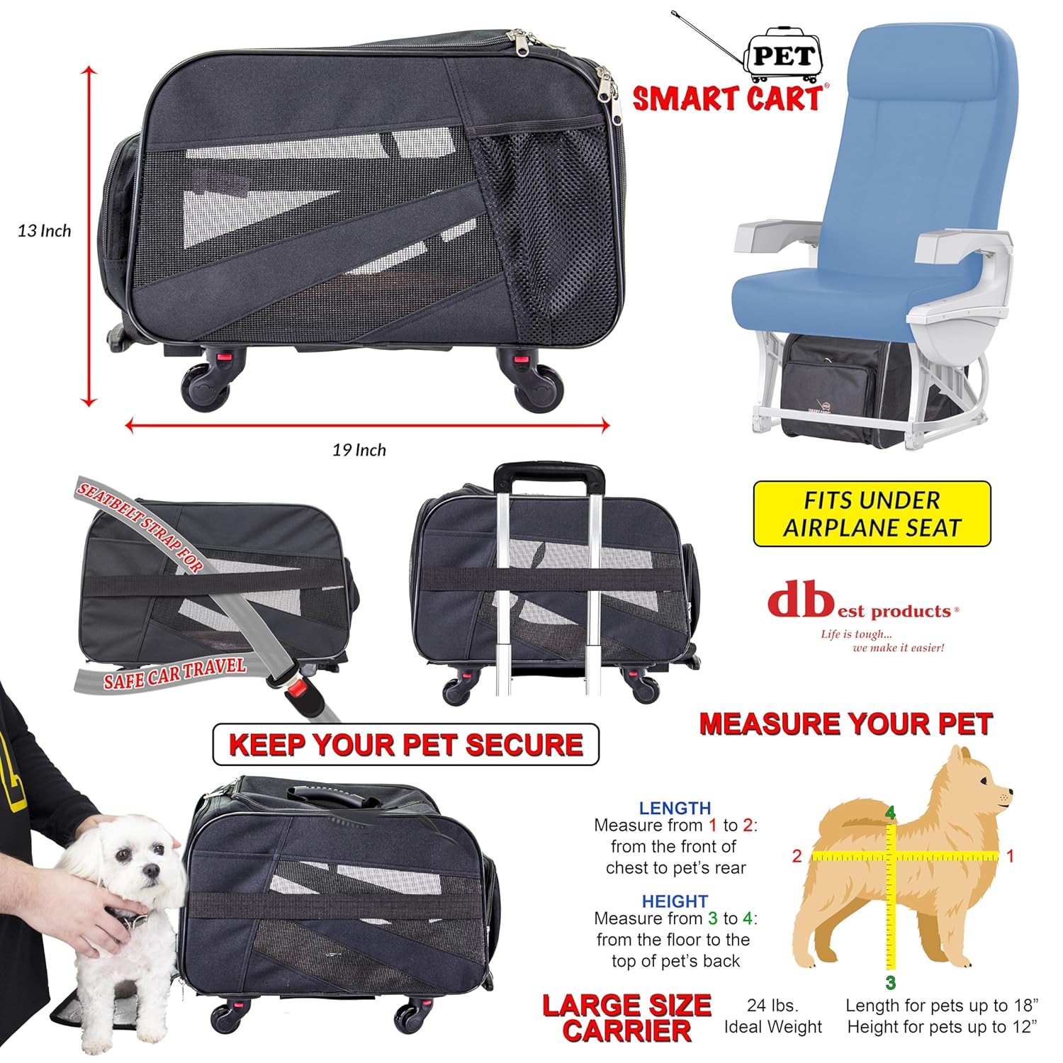 dbest products Pet Smart Cart, Medium, Black, Rolling Carrier with wheels soft sided collapsible Folding Travel Bag, Dog Cat Airline Approved Tote Luggage backpack - Image 3
