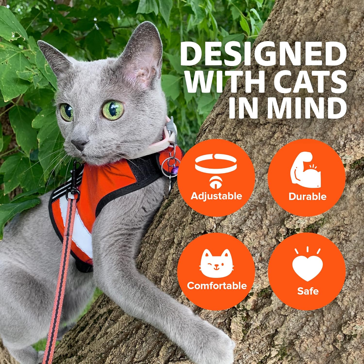 Reflective Cat Harness – High-Visibility Cat Harness for Travel, Day and Night Walking - Soft Cotton Cat Accessories, Breathable, Secure & Washable, Made in USA - Outrageous Orange, XS - Image 4