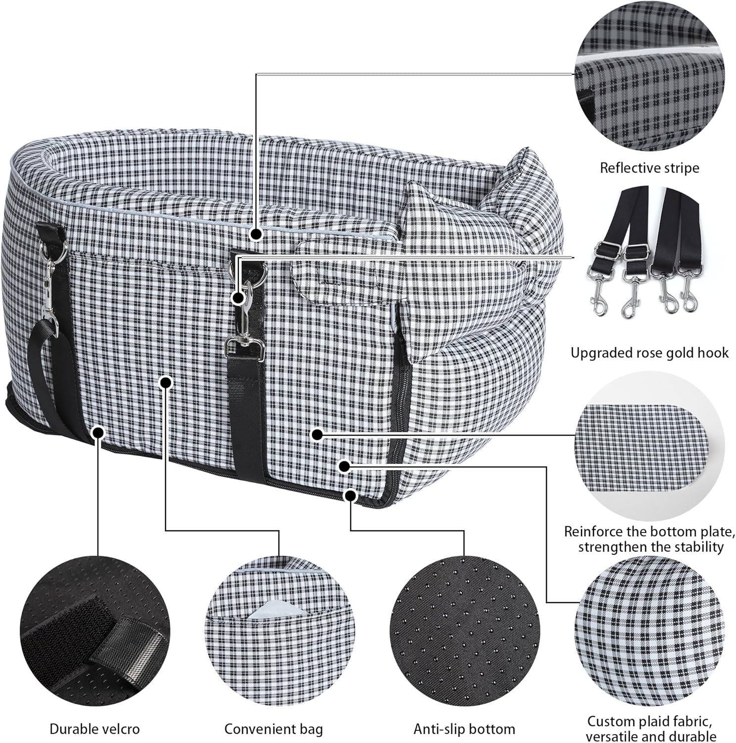 Center Console Dog Car Seat Dog Bed for Car Console Portable Armrest Booster Seat Carrier for Small Medium Dogs Anti-Collapse for Puppy Pet Up to 15 Lbs(Grid Black) - Image 7