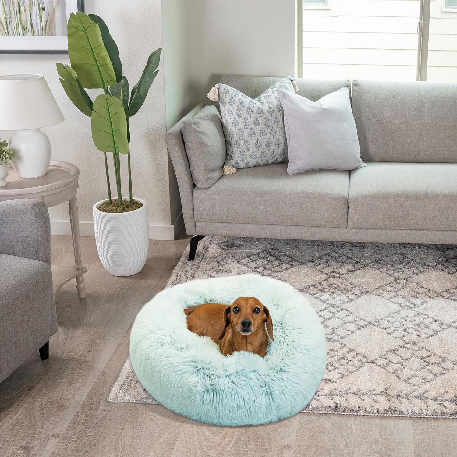 Best Friends by Sheri Original Calming Donut Dog and Cat Bed, Shag Faux Fur, Baby Blue, (23in x 23in) - Anxiety Relief for Pets Up to 25 lbs - Image 7