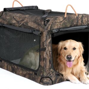 KOOPRO 27.5 Inch Collapsible Dog Crate, Portable Soft-Sided Dog Travel Carrier Camouflage Style Pet Kennel 4-Door with Durable Mesh Windows, Washable Mat, Indoor & Outdoor for Small Medium Large Dogs