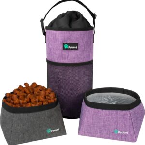 PetAmi Travel Dog Food & Water Bowls Set, Collapsible Dog Kibble Bag, Cat-Friendly, Foldable Waterproof Camping Bowls for Hiking, Purple & Gray