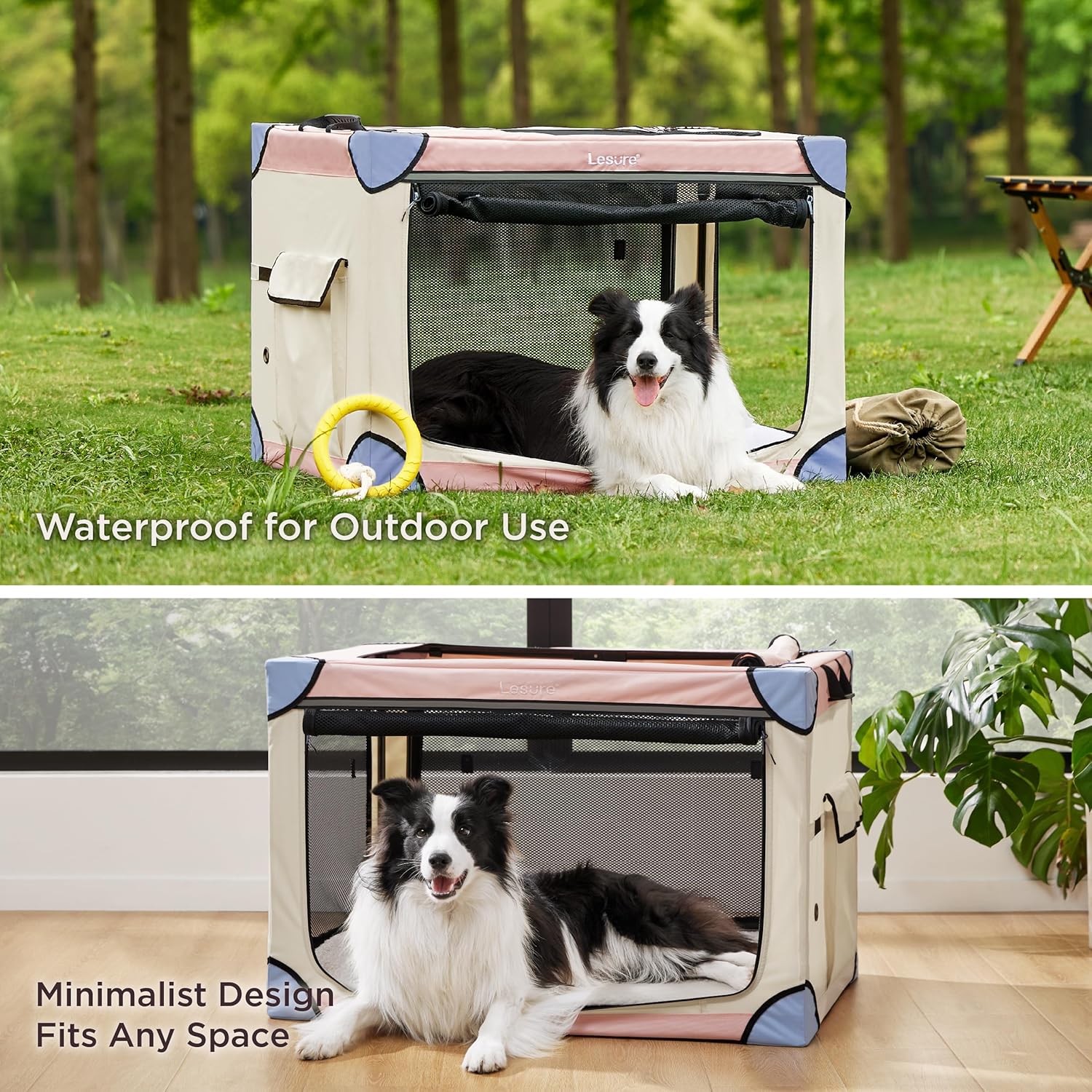 Lesure Soft Collapsible Dog Crate - 36 Inch Portable Travel Crate for Large Dogs Indoor & Outdoor, 4-Door Foldable Pet Kennel with Mesh Windows, Pink - Image 2