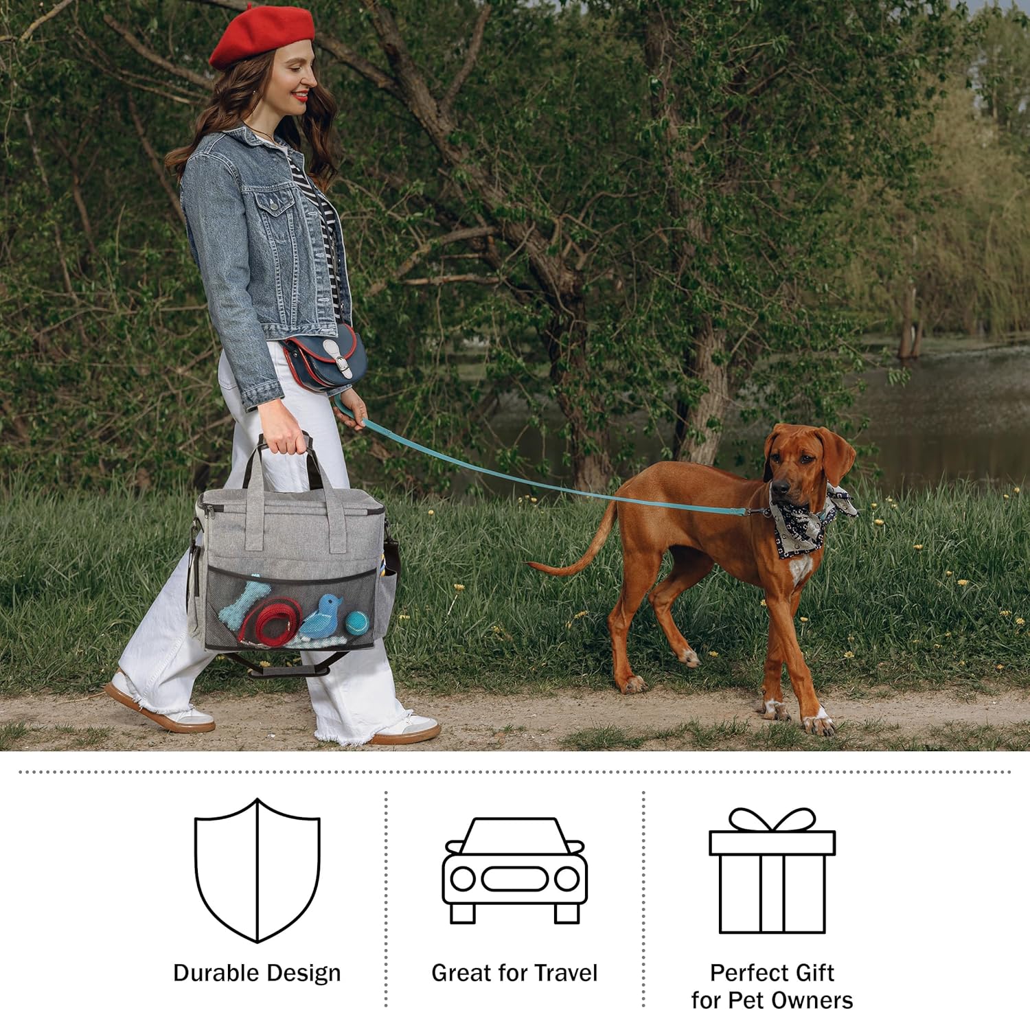 Dog Travel Bag - Cat and Dog Storage Organizer with Pockets, Mat, 2 Food Containers, and 2 Large Collapsible Travel Dog Bowls by PETMAKER (Gray) - Image 7