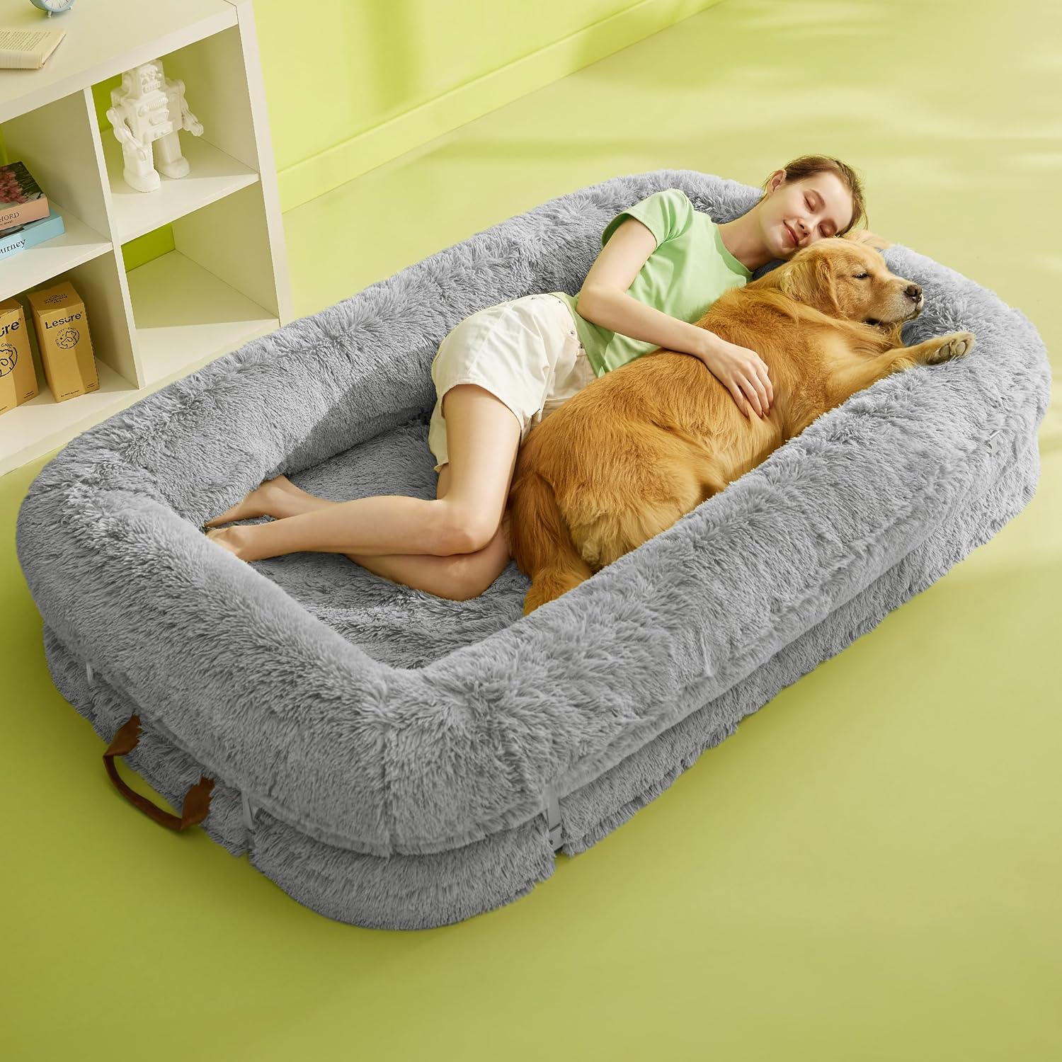 LE SURE Foldable Human Dog Bed - 3 in 1 Flexible Giant Human Dog Bed for Adult People with Supportive Bolster Egg Foam, Waterproof Liner, Calming Fluffy Faux Fur Orthopedic Big Bean Bed, Light Grey - Image 7