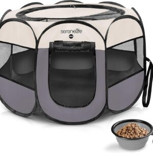 SereneLife On-The-Go Foldable Portable Pet Tent 8-Panel Playpen for Dog & Cat w/Food/Water Bowl, Mesh Exercise Puppy Playground, Pet House Indoor & Outdoor, Travel & Camping Pet Kennel (Grey, Medium)