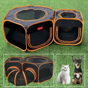 Portable Cat Playpen 2-Room with Tunnel, 3-in-1 Pop-up Cat Dog Crate Play Enclosure with Separate Areas, Foldable Pet Playpen for Puppy Kitten and Small Animals Indoor Outdoor
