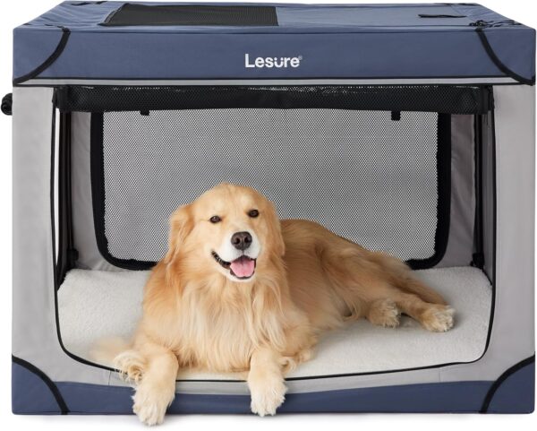 Lesure Soft Collapsible Dog Crate - 42 Inch Portable Travel Crate for Extra Large Dogs Indoor & Outdoor, 4-Door Foldable Pet Kennel with Mesh Windows, Blue