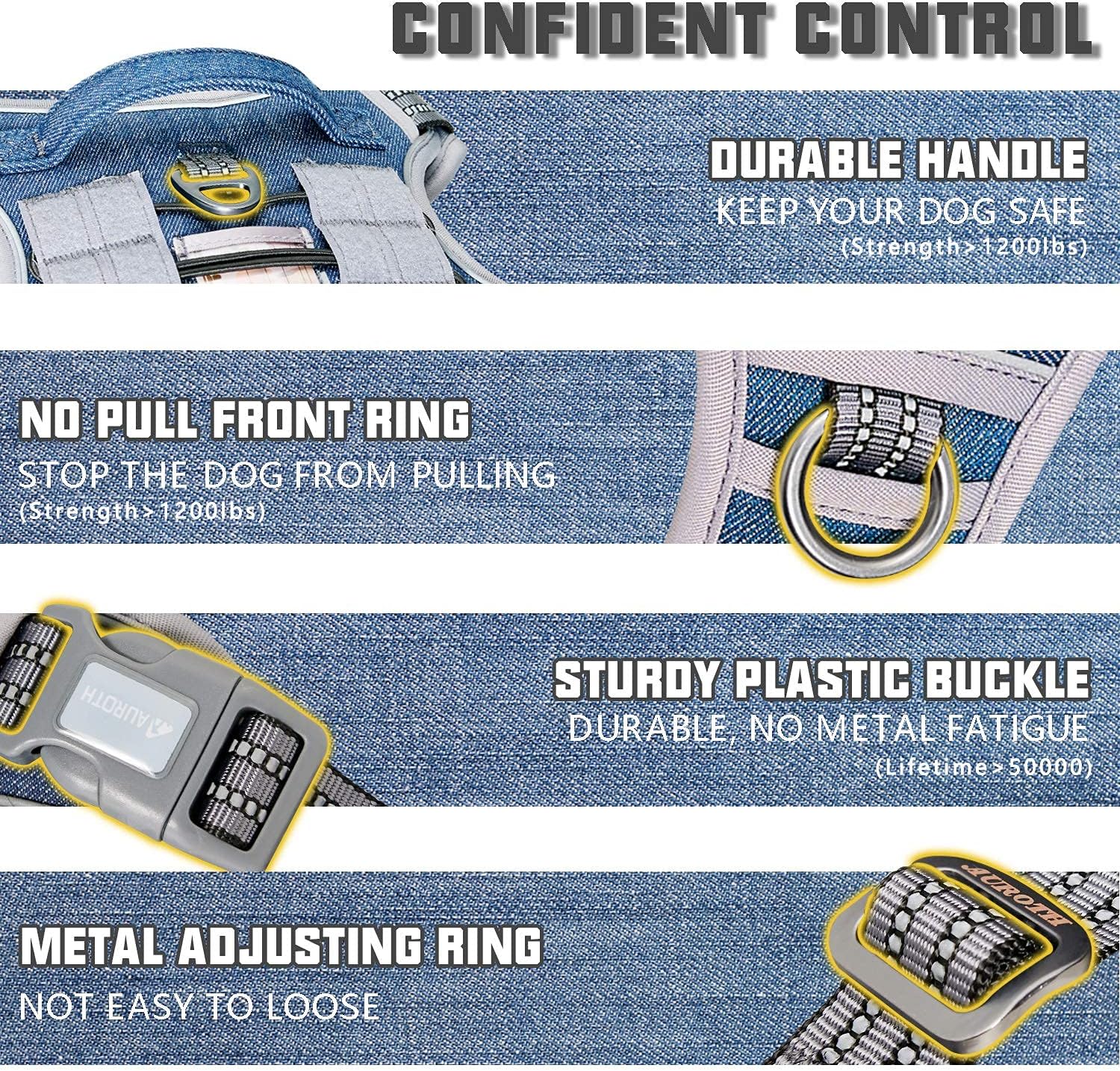 AUROTH Tactical Dog Harness for Small Medium Large Dogs No Pull Adjustable Pet Harness Reflective K9 Working Training Easy Control Pet Vest Military Service Dog Harnesses (L, Denim Blue) - Image 3