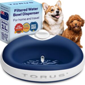 TORUS Filtered Portable Dog Water Dispenser [Upgraded 2025], 1L / 34oz, Automatic Pet Water Dispenser, No Spill, Noise-Free Dog Water Bowl Dispenser, No Power Needed, Ideal for Medium & Large Pets