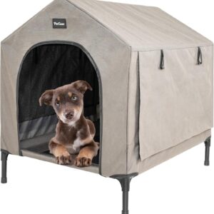 2 in 1 Dog House,Elevated Dog Bed with Removable Cover, Indoor & Outside Puppy Shelter Cot,Raised Dog Bed for Small Dogs & Cats (Brown, Small)