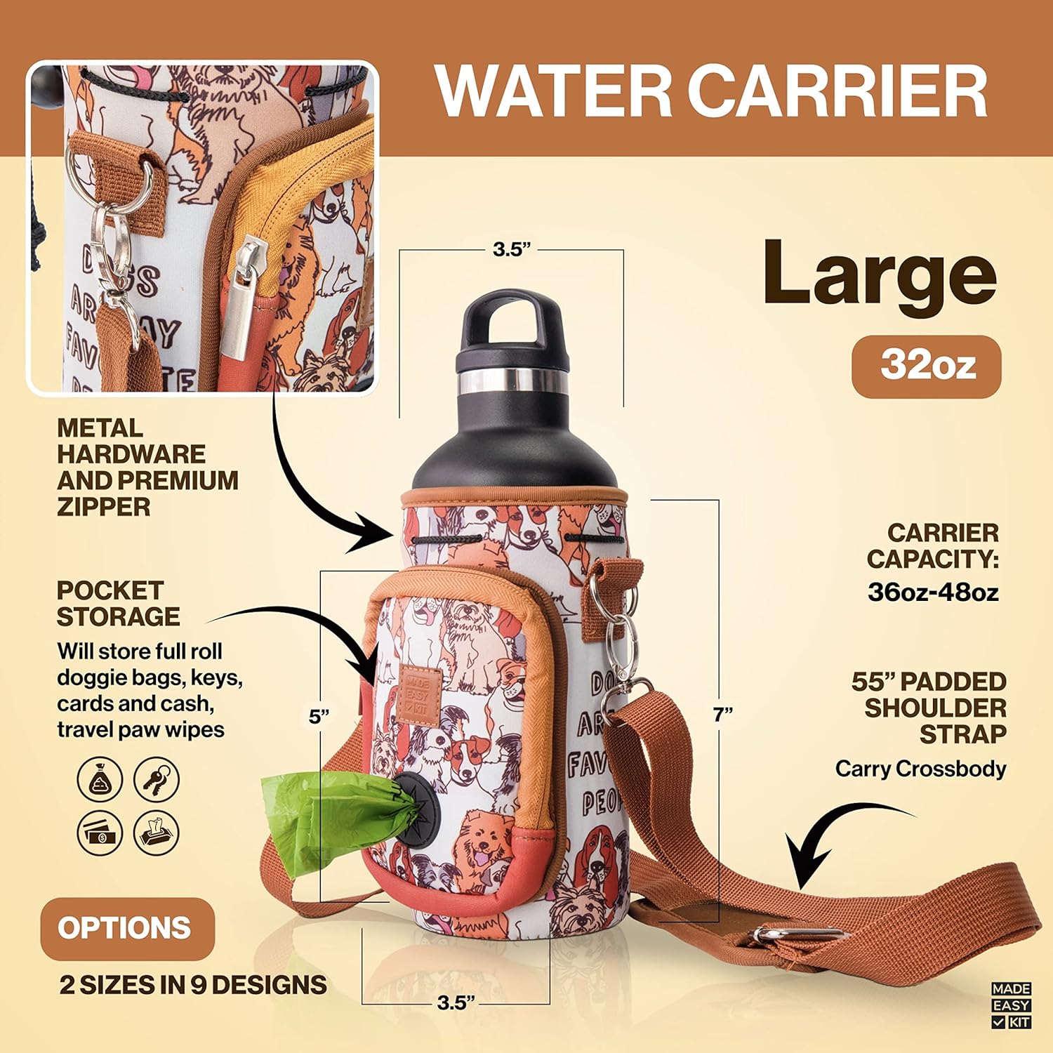 Made Easy Kit Water Bottle Carrier with Pocket for Dog Poop Waste Bags and Adjustable Padded Shoulder Strap (Large (32oz) with Bowl, Dog Lover, Brown) - Image 3
