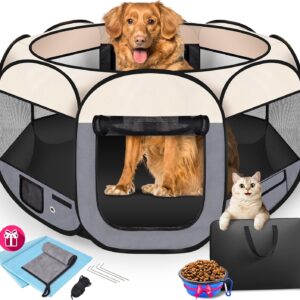Dog Playpen 45", HOMAGICO Pet Playpen for Indoor Cats Enclosed, Portable Dog Cage Outdoor Tent Crate with Carrying Case, Water-Resistant and Removable Shade Cover, Grey