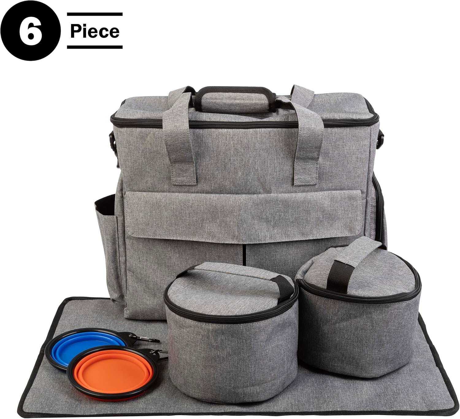 Dog Travel Bag - Cat and Dog Storage Organizer with Pockets, Mat, 2 Food Containers, and 2 Large Collapsible Travel Dog Bowls by PETMAKER (Gray) - Image 5