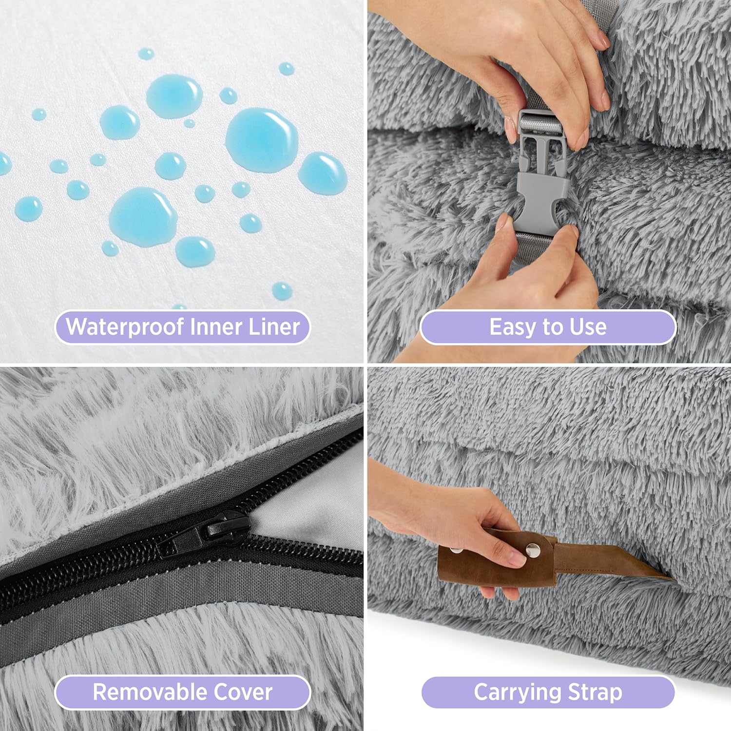 LE SURE Foldable Human Dog Bed - 3 in 1 Flexible Giant Human Dog Bed for Adult People with Supportive Bolster Egg Foam, Waterproof Liner, Calming Fluffy Faux Fur Orthopedic Big Bean Bed, Light Grey - Image 4