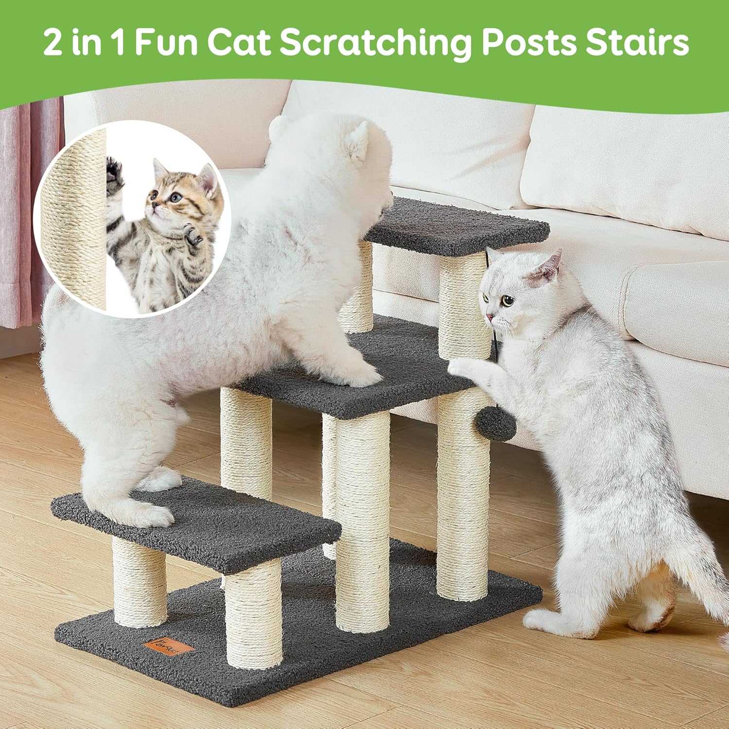 Pawque Dog Stairs & Cat Scratching Post Pet Steps for High Beds Couch, High-Strength Boards Holds up to 150 lbs for Indoor Small Cats Kittens Dogs Climbing Playing, 3 Combination Options, 3 Steps-Grey - Image 2
