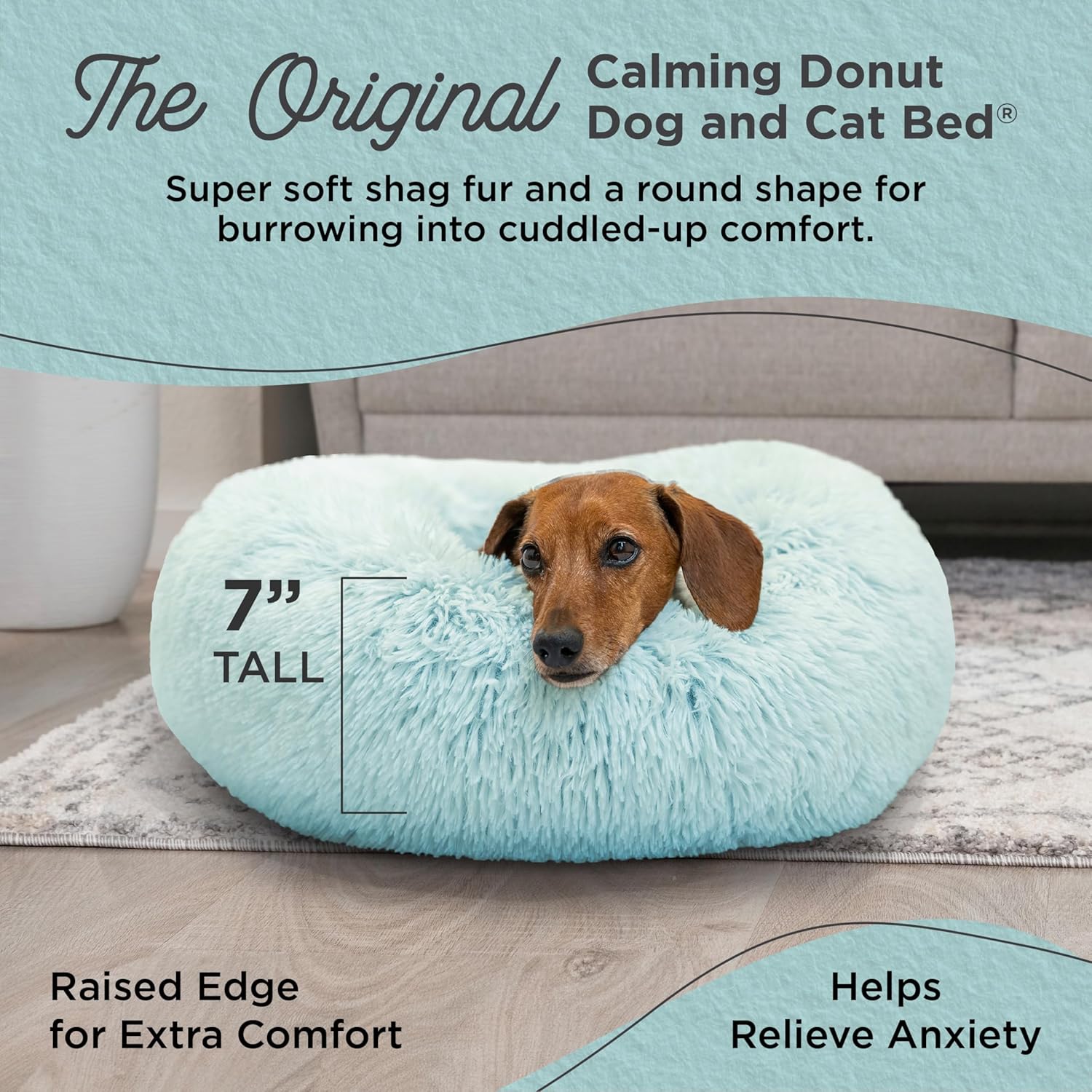 Best Friends by Sheri Original Calming Donut Dog and Cat Bed, Shag Faux Fur, Baby Blue, (23in x 23in) - Anxiety Relief for Pets Up to 25 lbs - Image 2