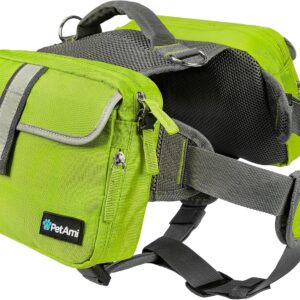 PetAmi Dog Backpack for Medium Large Dogs, Dog Saddle Bag for Dogs to Wear, Harness Saddlebag with Reflective Safety Side Pockets for Hiking, Camping, Vest Dog Pack for Travel (Green, Large)