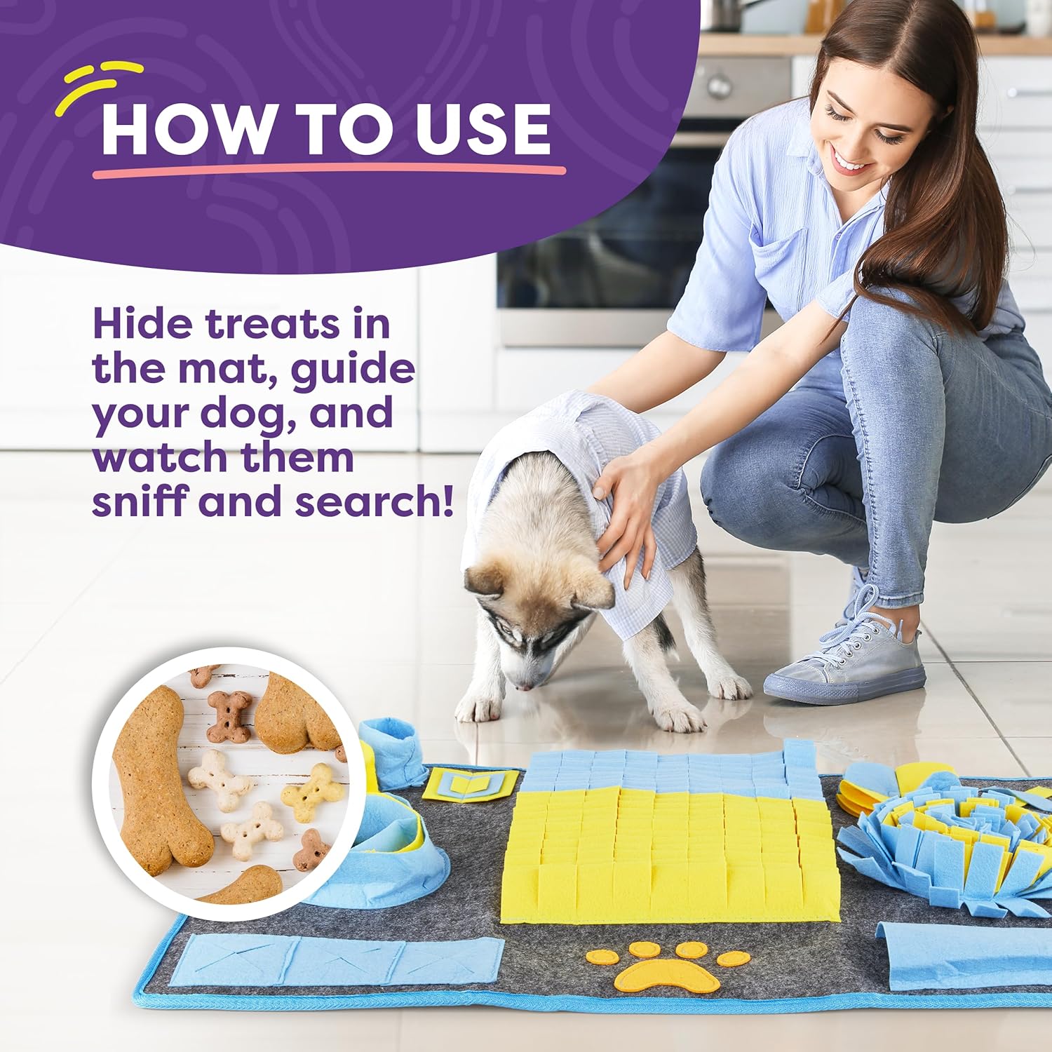 Hertzko XL Snuffle Mat for Dogs – Extra Large Felt Feeding & Activity Mat for Small & Large Breeds – Stimulation Toy with Grippy Bottom, Roll-Up Storage, and Easy Cleaning – Scent Game for Pets - Image 8