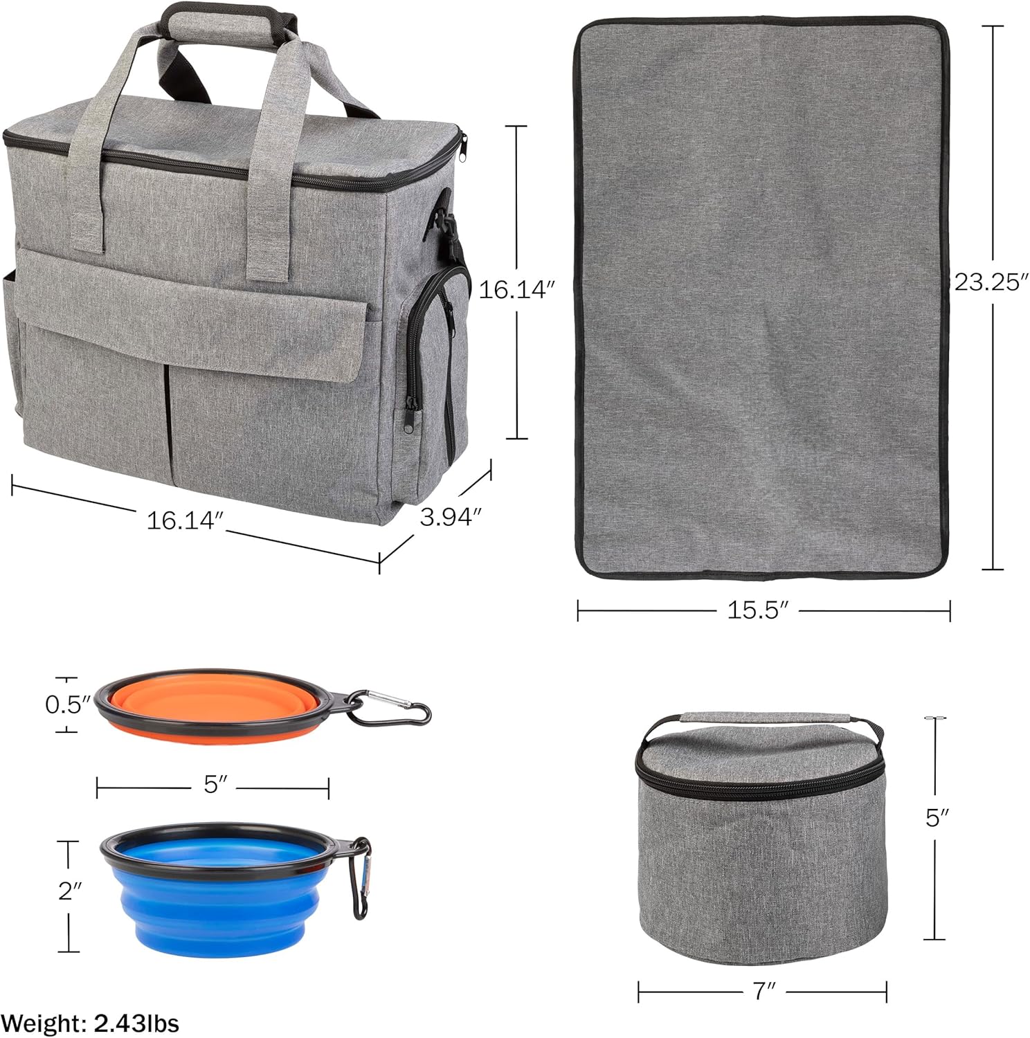 Dog Travel Bag - Cat and Dog Storage Organizer with Pockets, Mat, 2 Food Containers, and 2 Large Collapsible Travel Dog Bowls by PETMAKER (Gray) - Image 2