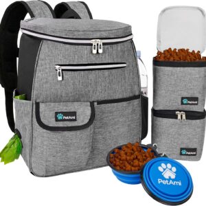 PetAmi Dog Travel Bag Backpack, Airline Approved Dog Bags for Traveling, Puppy Diaper Bag Supplies, Pet Camping Essentials Hiking Accessories Dog Mom Gift, Food Container, Collapsible Bowls, Gray
